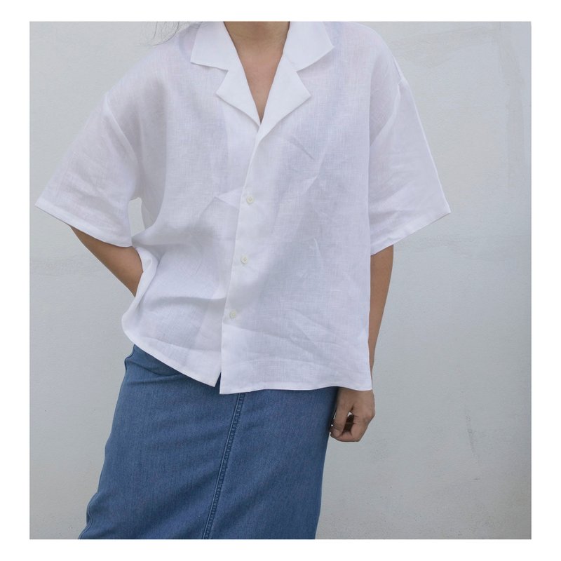 Linen | เสื้อเชิ้ต ปกแบะ สีขาว - เสื้อเชิ้ตผู้หญิง - ผ้าฝ้าย/ผ้าลินิน ขาว