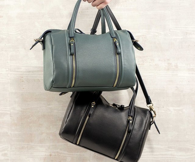 WISH Leather Boston Bag Fog Green Smoked Black Shop