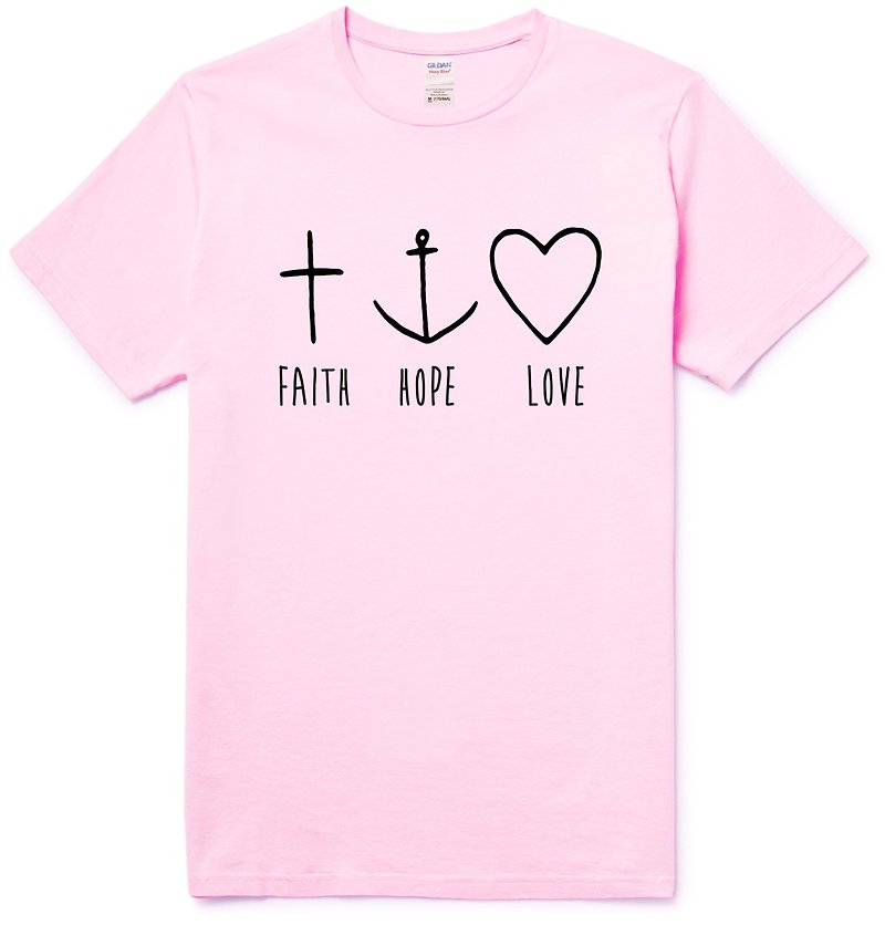 Faith Hope Love短袖T恤 淺粉紅色 信仰 希望 愛 宗教 十字 教堂 基督 耶穌 上帝 【現貨】 - 男 T 恤 - 棉．麻 粉紅色