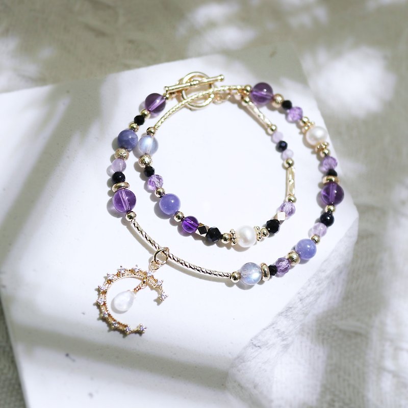 /Witch/ Amethyst Moonstone Labradorite Stone Black Spinel Pearl Double Circle Bracelet - Bracelets - Crystal Purple