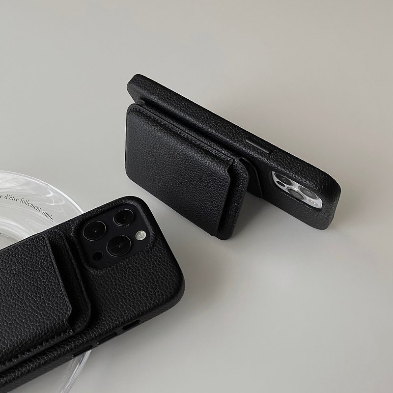 黑色荔枝紋磁吸支架皮革卡夾 (支援MagSafe) APEEL STUDIO - 手機殼/手機套 - 人造皮革 黑色