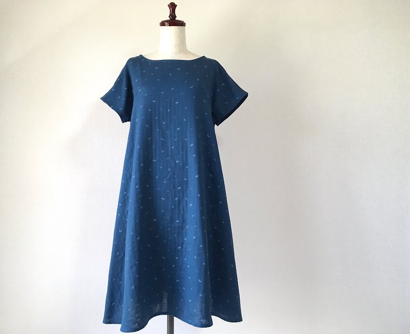 Chocho Ribbon Flare Dress Double Gauze Short Sleeve - ชุดเดรส - ผ้าฝ้าย/ผ้าลินิน สีน้ำเงิน
