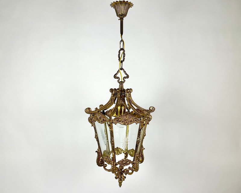 Antique Ceiling Lantern in Bronze With Etched Glass Panels, 1930s - Lighting - Other Metals Gold