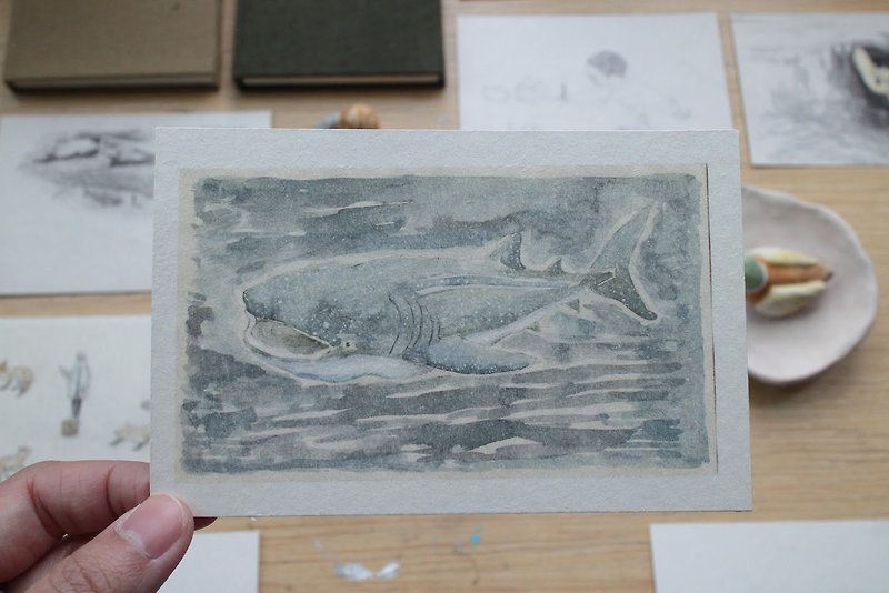 翡翠紙/鯨サメ/手描きはがき - カード・はがき - 紙 ホワイト