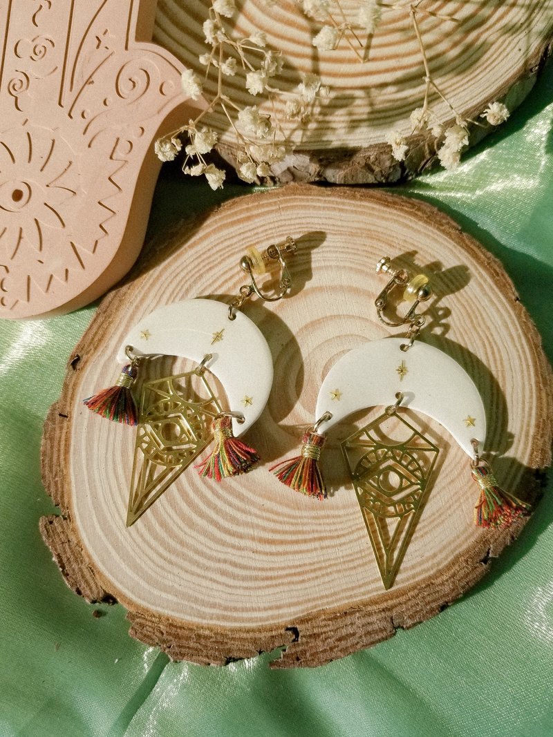 原創手作 Ocean On The Moon - 波西米亞流蘇軟陶耳環/耳夾 - 耳環/耳夾/耳骨夾 - 陶 白色