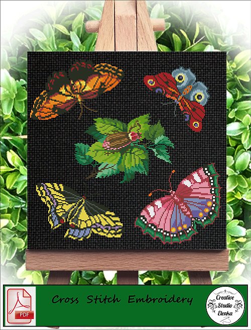CreativeStudioElenka Vintage Cross Stitch Scheme Butterflies and beetle - PDF Embroidery Scheme
