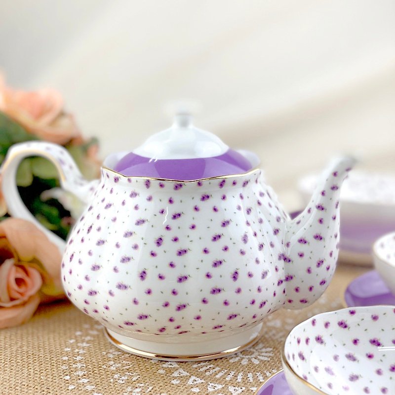 英式骨瓷下午茶12件套件組-紫碎花 - 咖啡壺/咖啡周邊 - 瓷 白色