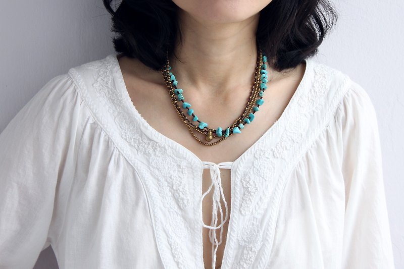 Beaded Necklaces Woven Turquoise Strand Layer Brass Chain Short Necklaces - Necklaces - Other Metals Green