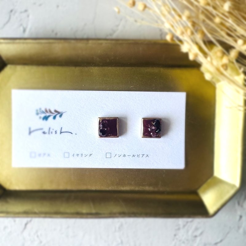 【再販】金継ぎ ワインレッド 美濃焼き タイル  ピアス イヤリング ノンホールピアス 天然石 ガーネット ストロベリークォーツ ボルドー ゴールド 金 小ぶり - 耳環/耳夾/耳骨夾 - 陶 紅色