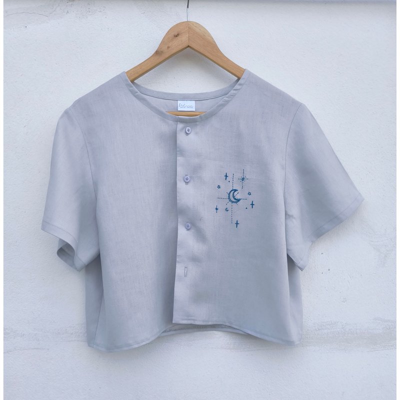 刺繡 | 亞麻 | 灰色圓領上衣 - 女上衣/長袖上衣 - 棉．麻 灰色