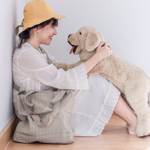 Khaki Striped Linen Tote Bag