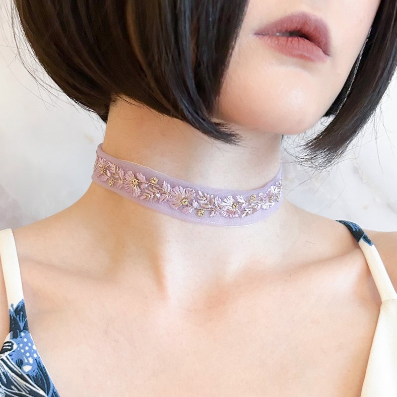 Jasmine flower lover fortune telling / Lavender colored flower lover pattern Indian embroidered ribbon choker SV629 - Chokers - Other Man-Made Fibers Purple