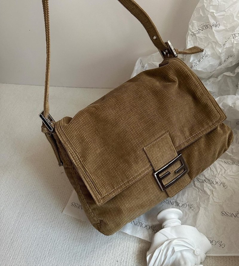 中古包 Fendi芬迪 燈芯絨復古大款法棍包mamma baguette - 手提包/手提袋 - 其他材質 卡其色