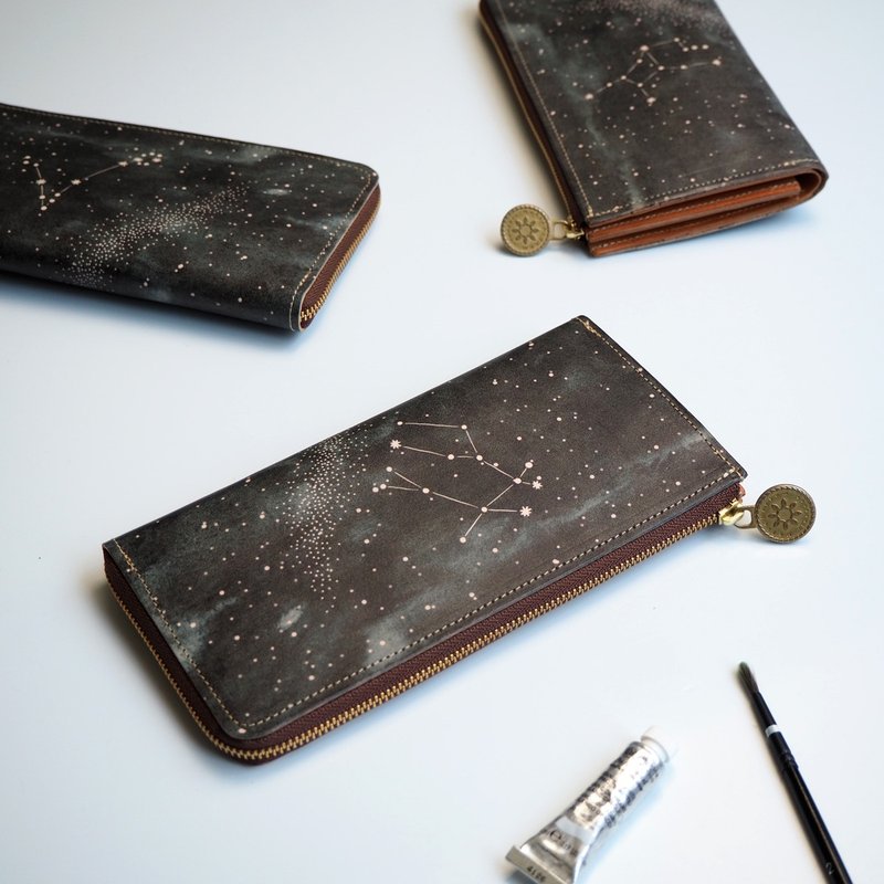 L-shaped zipper long wallet / Starry sky of 12 constellations / 12 designs - กระเป๋าสตางค์ - หนังแท้ สีดำ