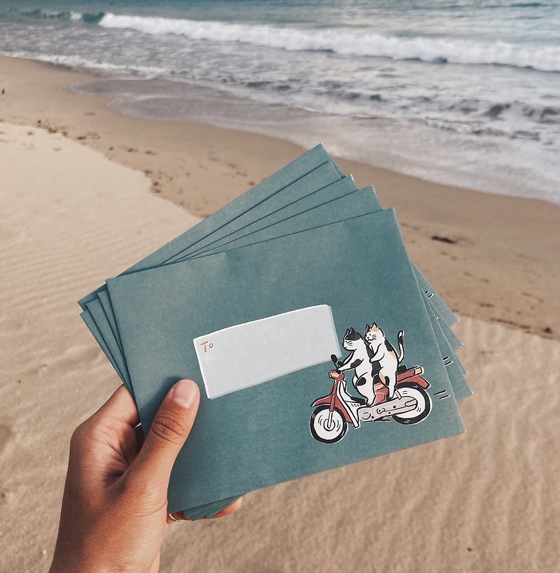 插畫手寫信封袋-明信片的家 貓貓騎車 - 信封/信紙 - 紙 藍色