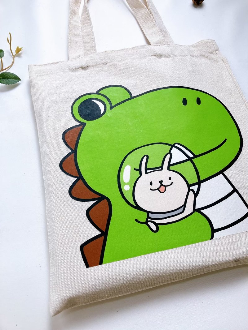 [Canvas Bag] Dinosaur Mung Bean and Rabbit Moon Mud - Handbags & Totes - Cotton & Hemp Green