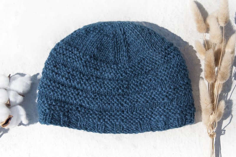 Hand-knitted pure wool hat/knitted hat/knitted woolen hat/inner bristles hand-knitted woolen hat/knitted woolen hat-Marine - Hats & Caps - Wool Blue