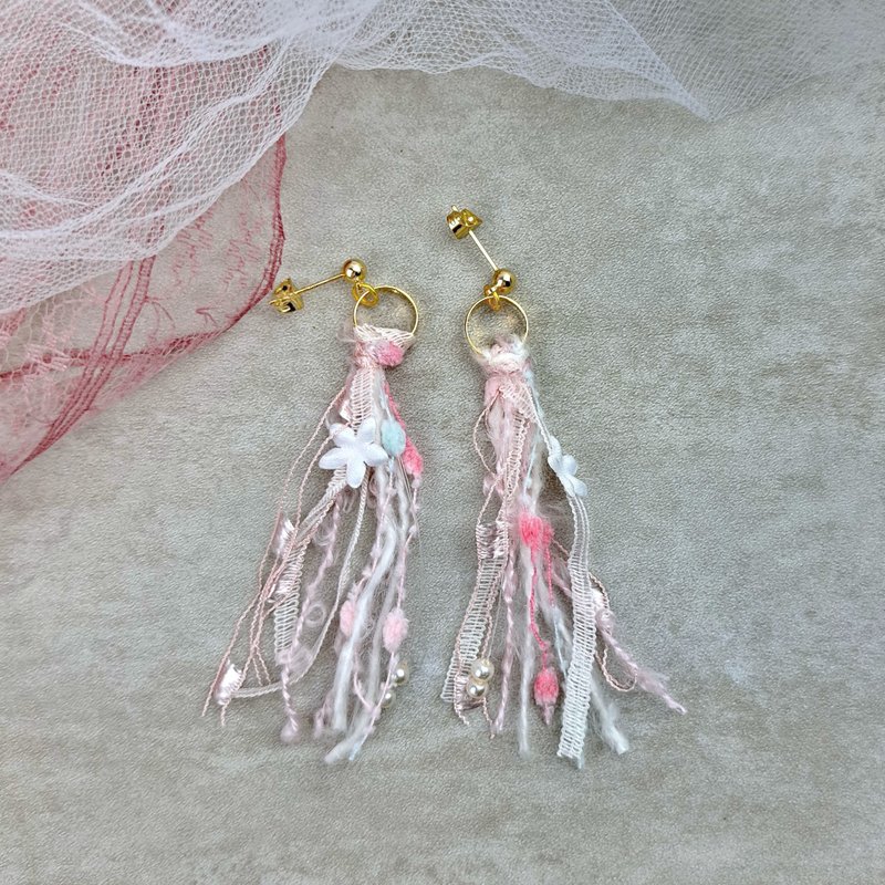 Tassel earrings gauze earrings 14K gold earrings Clip-On EAR-100 - Earrings & Clip-ons - Other Metals Pink