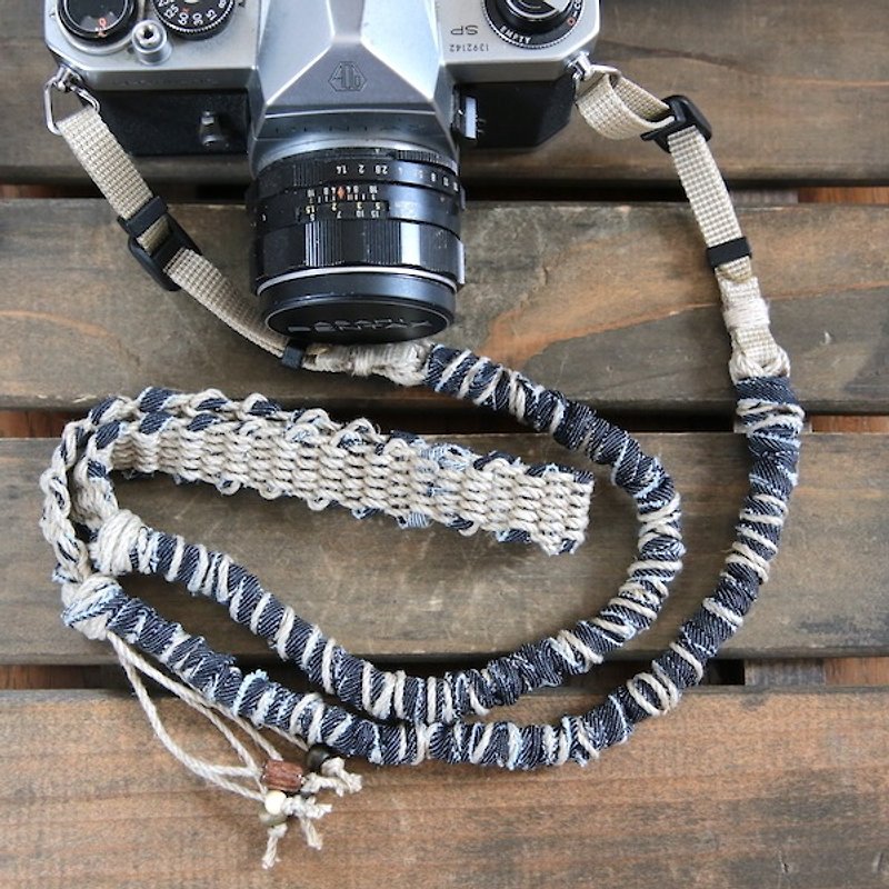 About 100~110cm/Denim ripped hemp string Hemp camera strap/Belt type - ขาตั้งกล้อง - ผ้าฝ้าย/ผ้าลินิน สีน้ำเงิน
