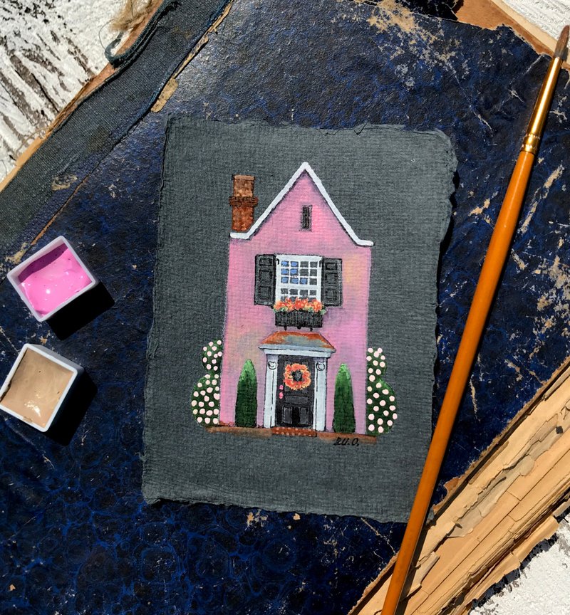 Pink house Mini Original art Watercolor on handmade paper by Rubinova - 海報/掛畫/掛布 - 紙 粉紅色