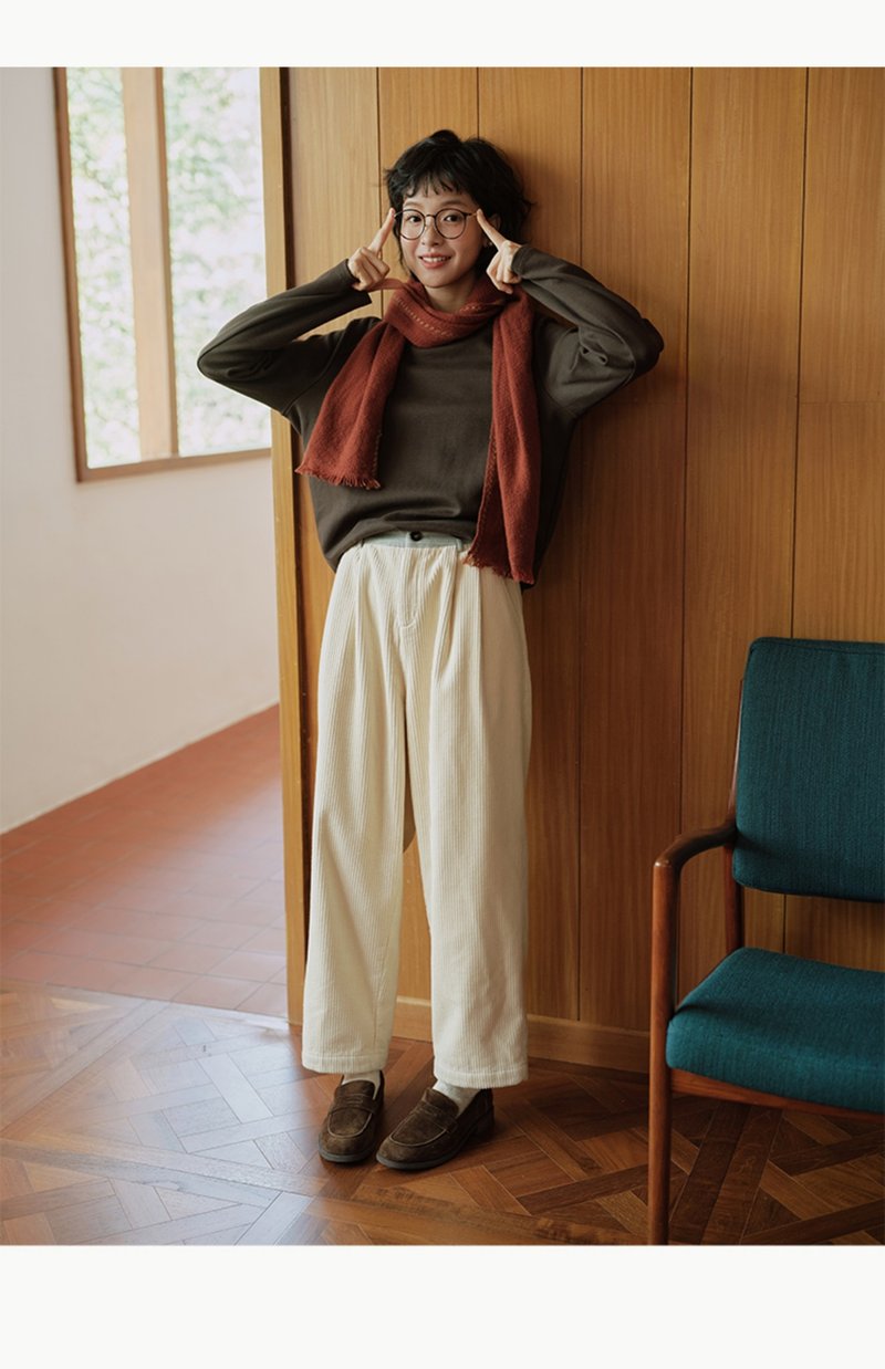 Cotton corduroy contrast color balloon pants with elastic waist - กางเกงขายาว - ผ้าฝ้าย/ผ้าลินิน สีกากี