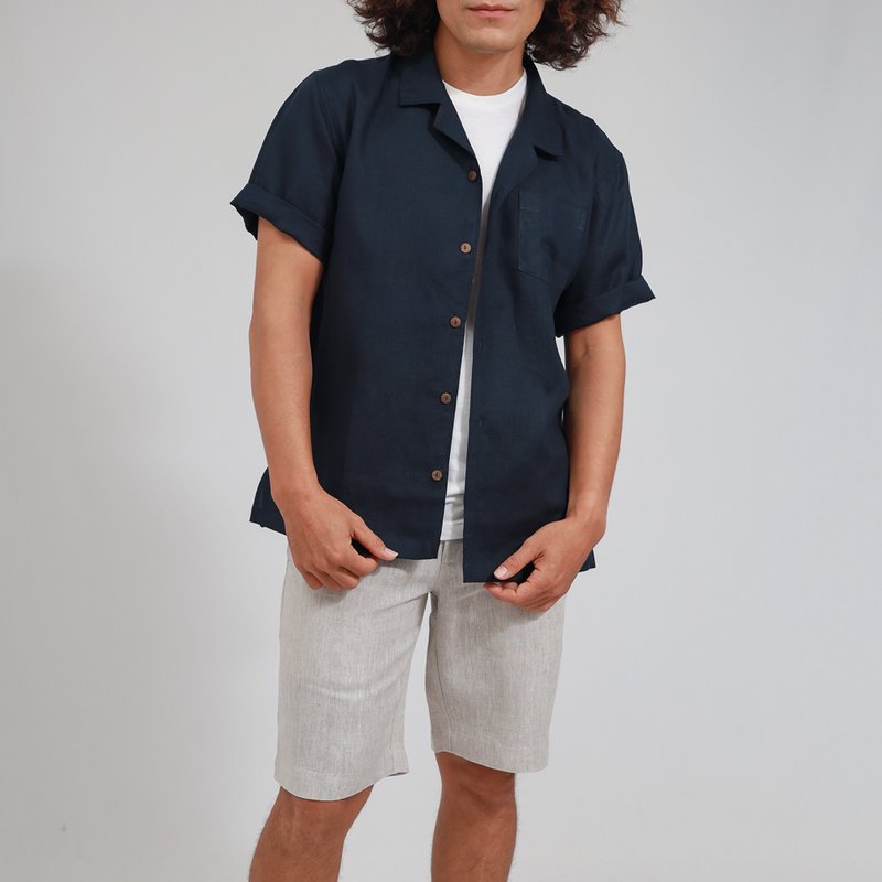 Men Linen Shirt, Haru Linen Camp Shirt, Blue, Indigo - 男 T 恤 - 棉．麻 藍色