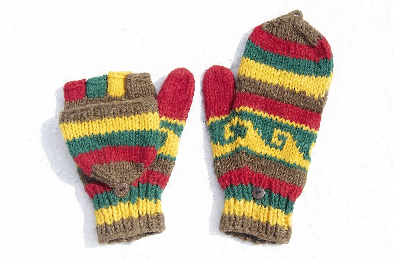 Christmas gift creative gift exchange gift limited a hand-woven pure wool knitted gloves / removable gloves / bristles gloves / made gloves (made in nepal) - Jamaican color national totem - ถุงมือ - ขนแกะ หลากหลายสี