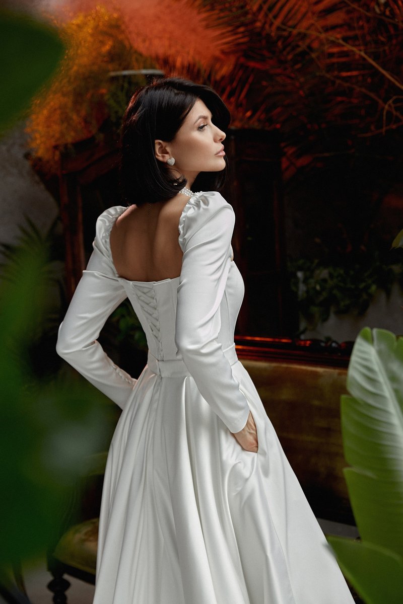 Satin wedding dress. Corset bridal gown. Classic wedding dress with belt - Evening Dresses & Gowns - Other Materials White