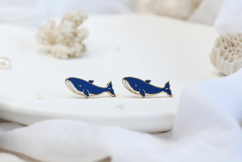 藍鯨 Blue whale 海洋生物 夾式耳環 手工飾品 生日禮物 紙盒包裝 - 耳環/耳夾/耳骨夾 - 琺瑯 藍色