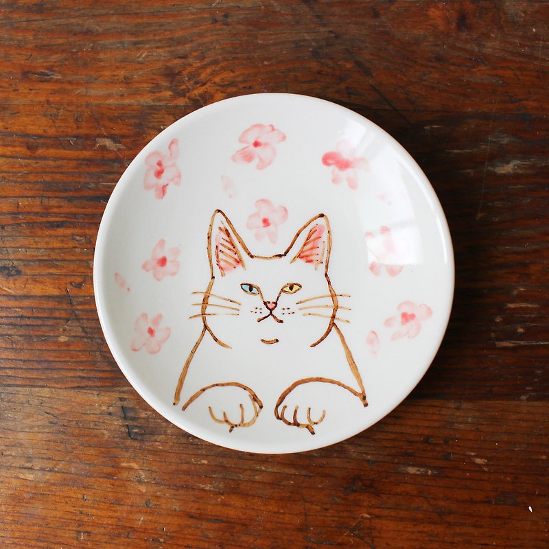 cherry blossoms with white cat  small dish - Small Plates & Saucers - Pottery Pink