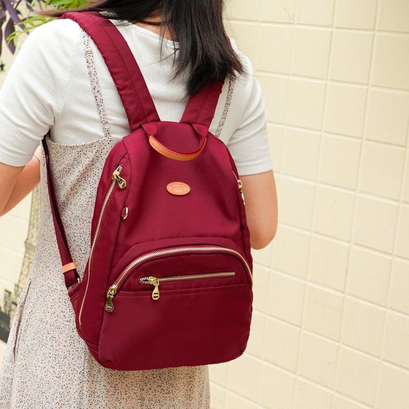 Lightweight and pressure-relieving double-sided zipper anti-theft backpack (small) - dark red - Backpacks - Nylon Red
