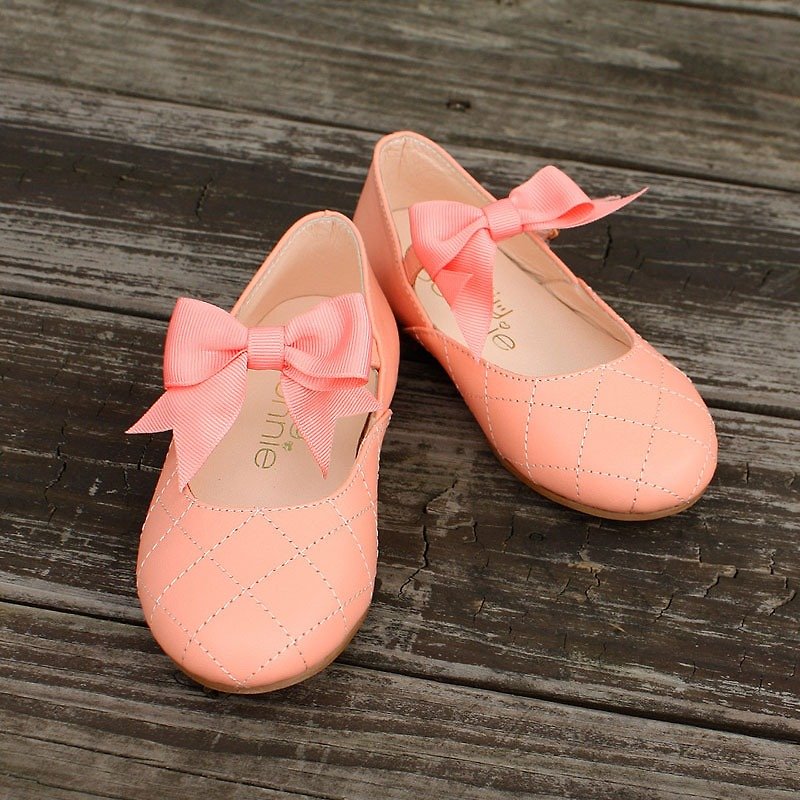 台灣製 小香風菱格紋女童娃娃鞋-甜粉桔 - 男/女童鞋 - 真皮 粉紅色