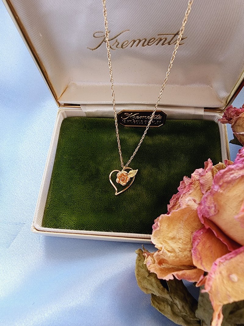 American Western Antique Jewelry / Krementz hollow heart two-color rose and leaf gold necklace - Necklaces - Other Metals 