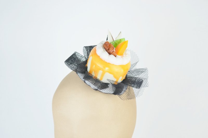 Fascinator Headpiece with Kawaii Peach Cream Cake & Veil Party Birthday Hat - Hair Accessories - Other Materials Orange