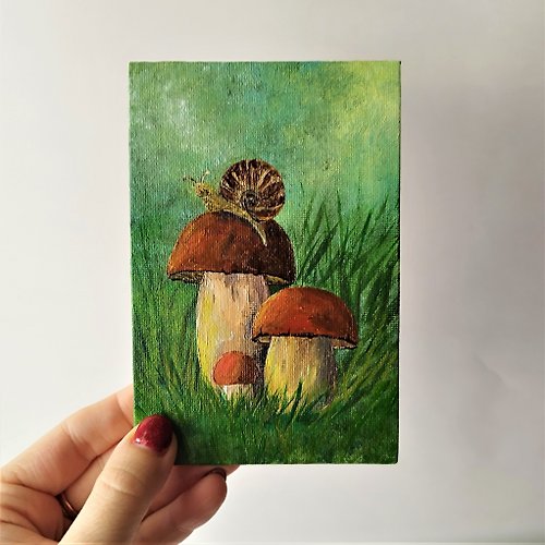 Artpainting Mushroom Acrylic Painting - Unique Snail Art for Small Wall Decor