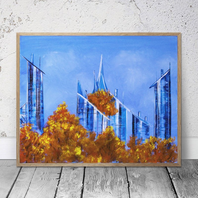 Autumn Skyscrapers: A Textured Oil Canvas of Urban and Natural Harmony - Wall Décor - Cotton & Hemp Multicolor
