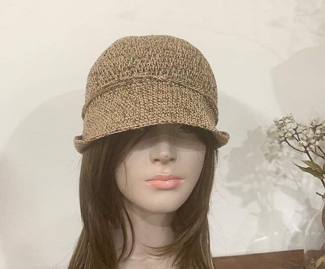 夏天透氣帽子。帥氣奢華後摺。粉橘優質麻線+黃綠金蔥- 設計館hm98k 走吧！編織帽子- Pinkoi
