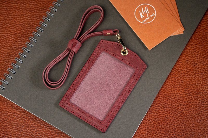 Leather Straight ID Holder - Magenta, Work Pass Holder, Easy Card Holder, Card Holder - ที่ใส่บัตรคล้องคอ - หนังแท้ สีแดง