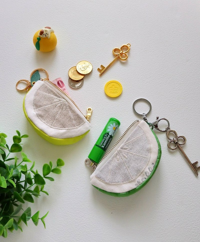 【KYZ/青檸香柚鑰匙包】青檸檬 金柚子 日本帆布 法國金蔥銀蔥布 - 鑰匙圈/鎖匙扣 - 棉．麻 綠色