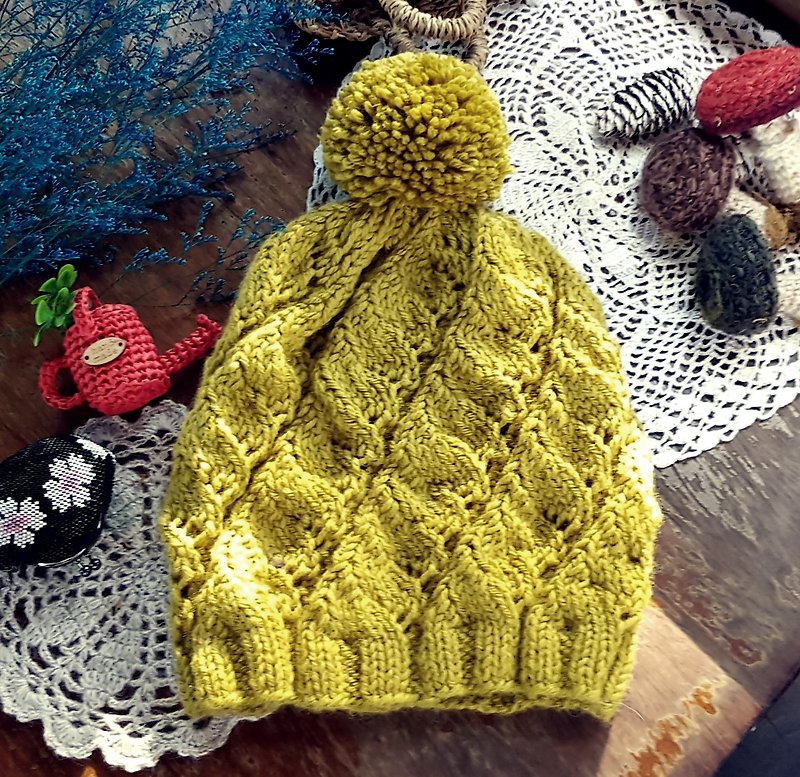 ChiChi Handmade-Mustard Yellow Vein-Knitted Woolen Hat - Hats & Caps - Wool Yellow