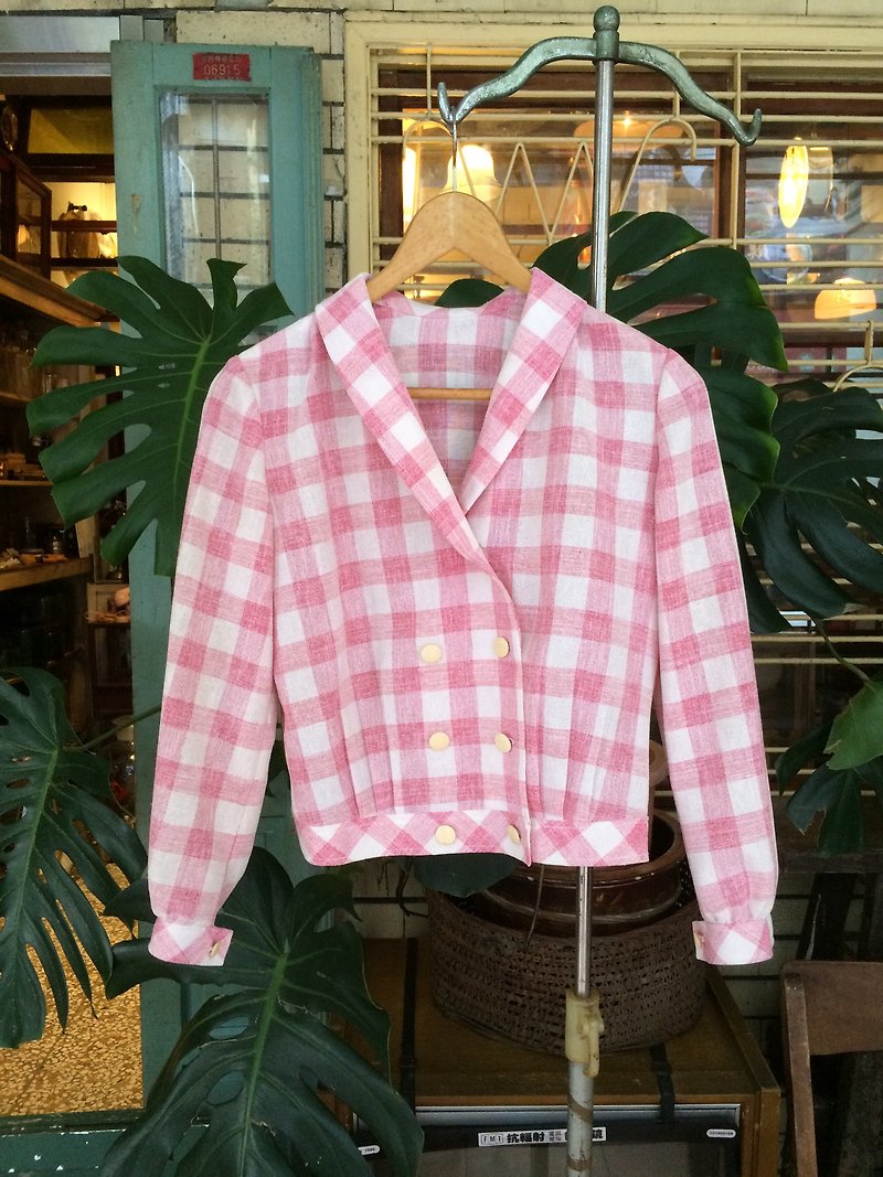 Custom pink and white check linen yarn sense small round neck breasted early suit jacket | vintage