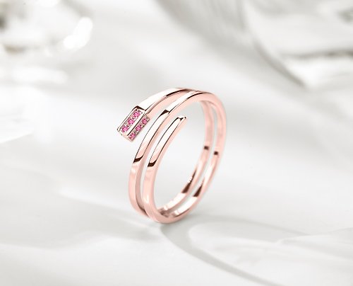 Majade Jewelry Design 粉紅寶石14k長方形訂婚戒指 另類環狀矩形求婚鑽戒 三圈結婚戒指