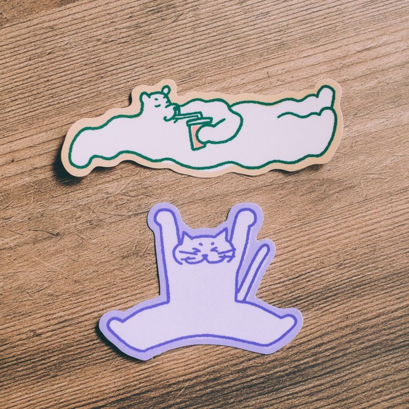 Hand-painted illustration glossy waterproof large sticker Dong Dong Wild Cat Chill group - สติกเกอร์ - พลาสติก หลากหลายสี