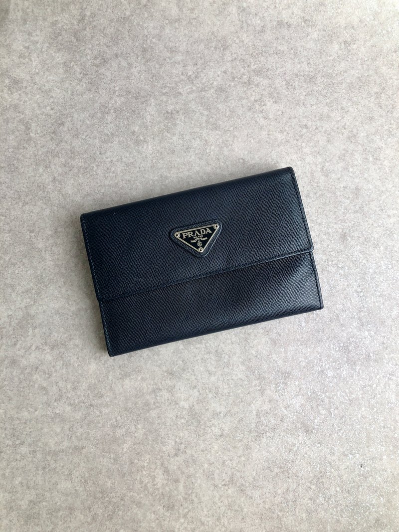 [Direct from Japan, branded used bag] PRADA Prada wallet, navy, triangle logo, saffiano, vintage, old drpp55 - Wallets - Genuine Leather Blue