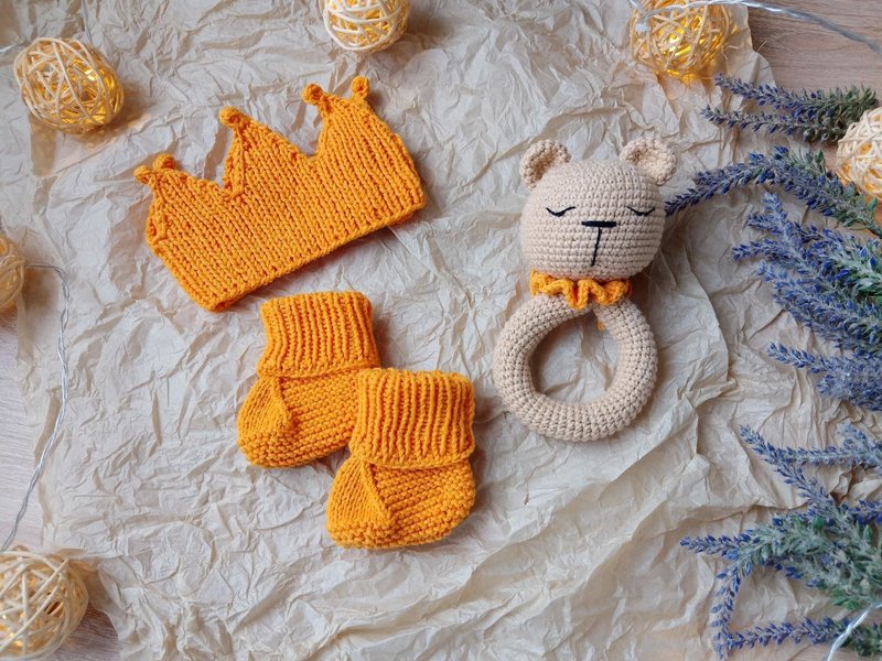 Gift box for children's set orange / rodents in the form of hare, crown, booties - 彌月禮盒 - 棉．麻 橘色