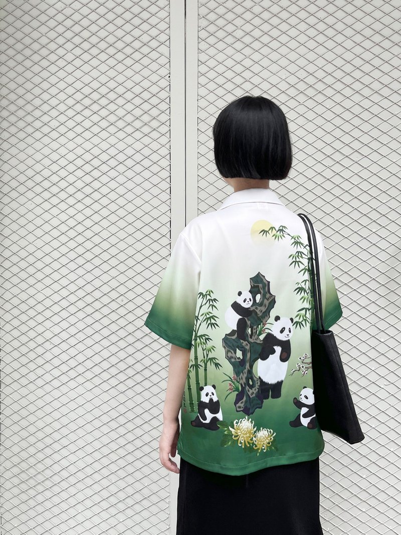 原創設計熊貓圖案繡花印花復古白綠漸變夏威夷襯衫 - 女襯衫 - 其他材質 多色