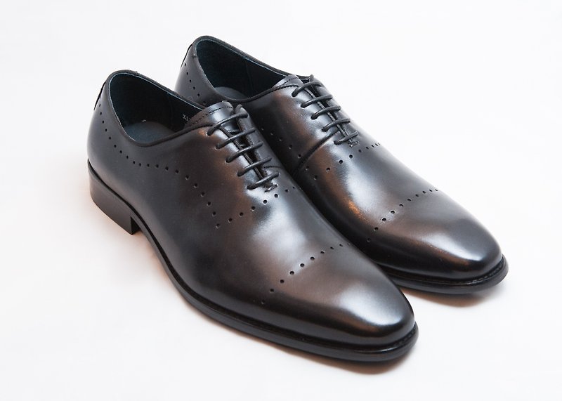 Hand-painted calfskin leather wood heel carved Oxford shoes leather shoes men's shoes-black - รองเท้าอ็อกฟอร์ดผู้ชาย - หนังแท้ สีดำ