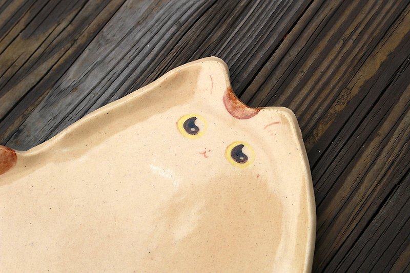 Hand painted cat pottery - breakfast cat - จานและถาด - ดินเผา สีส้ม