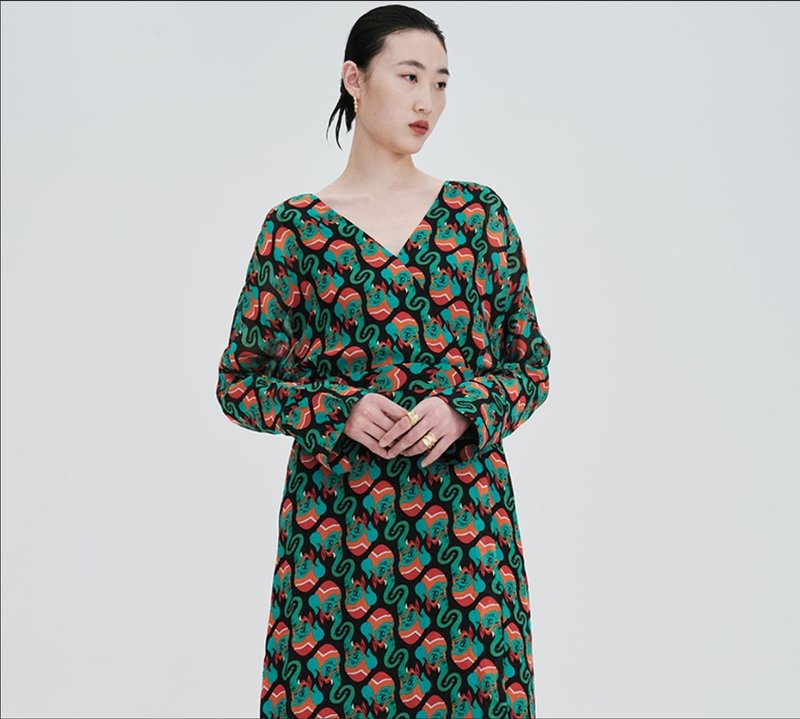 New Chinese retro Chinese style silk temperament printed long-sleeved dress - One Piece Dresses - Silk Green