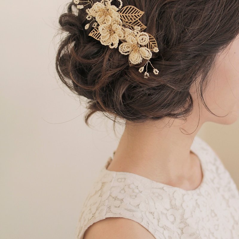 手工新娘頭飾 - 立體串珠花型款 - 髮飾 - 其他材質 金色
